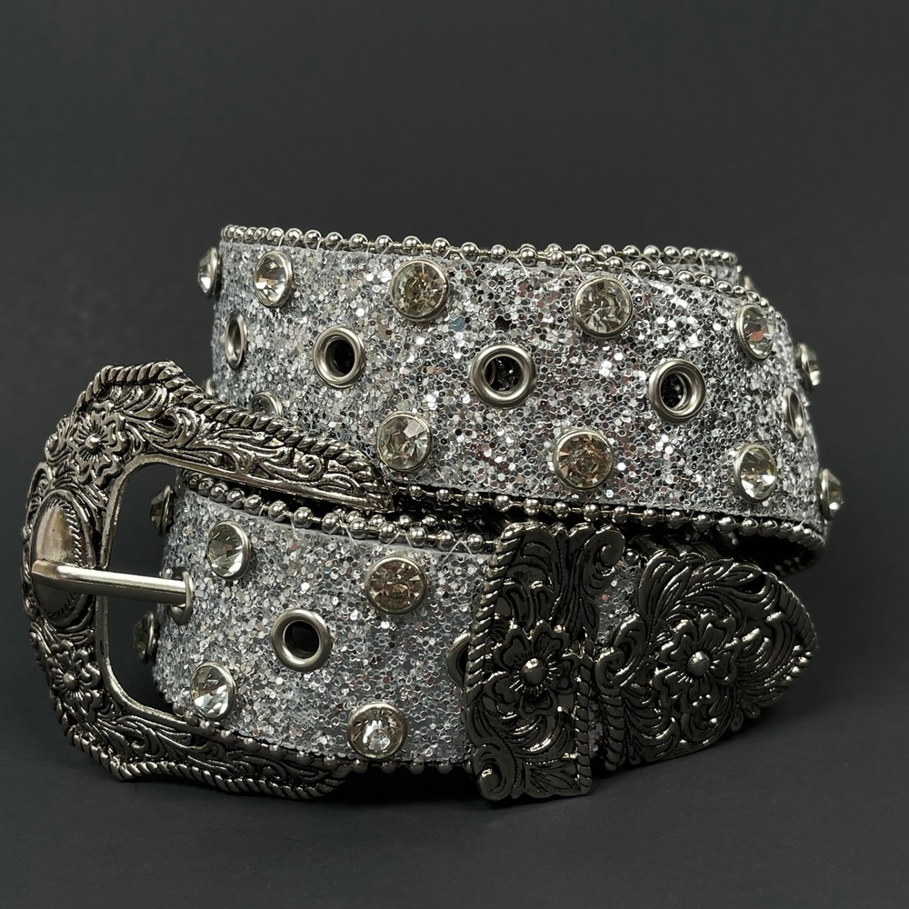 Vintage Rhinestone Western Belt Womens 30/32 Silver Studded Floral Buckle Rodeo - Picture 2 of 10